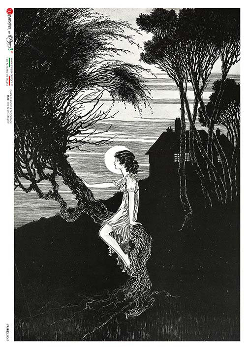 Black and white illustration of a woman sitting under a tree by a body of water.
