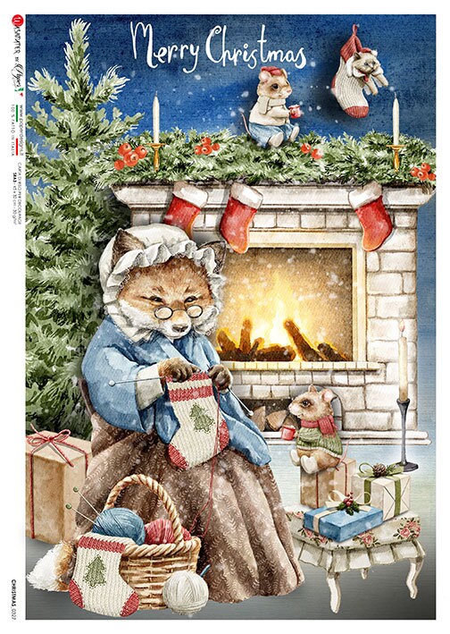 Illustration of a fox knitting by a fireplace with Christmas decorations.