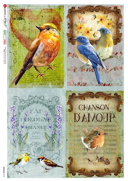 Collage of birds with vintage-style text and floral elements on a decorative paper sheet.