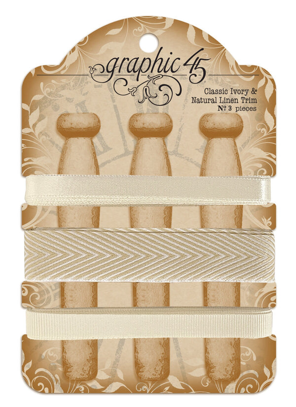G45 Graphic 45 MAY ARTS RIBBON Classic Ivory and Natural Linen Trim 9 yards #4502289