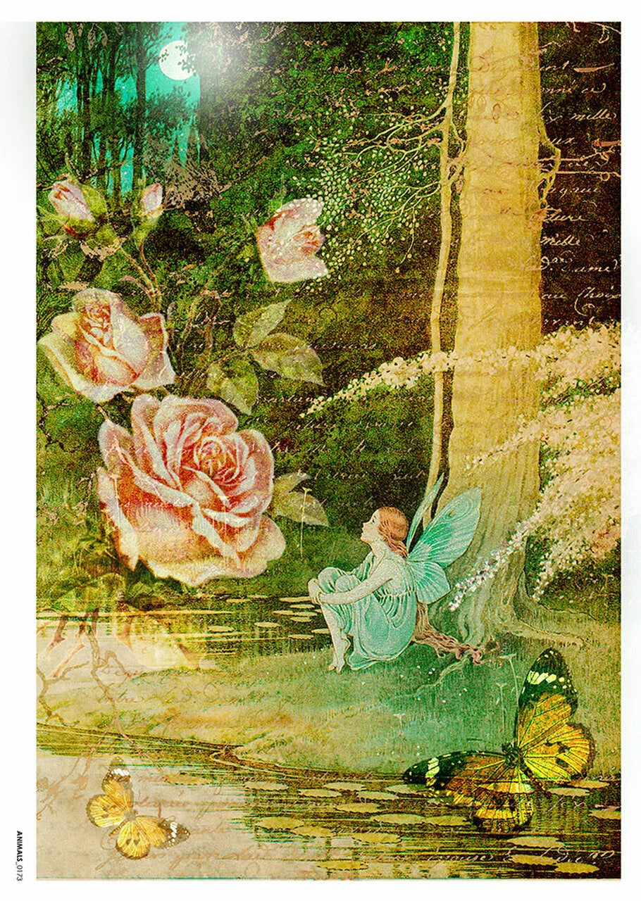 Fairy sitting by a stream with flowers and butterflies in a fantasy forest setting