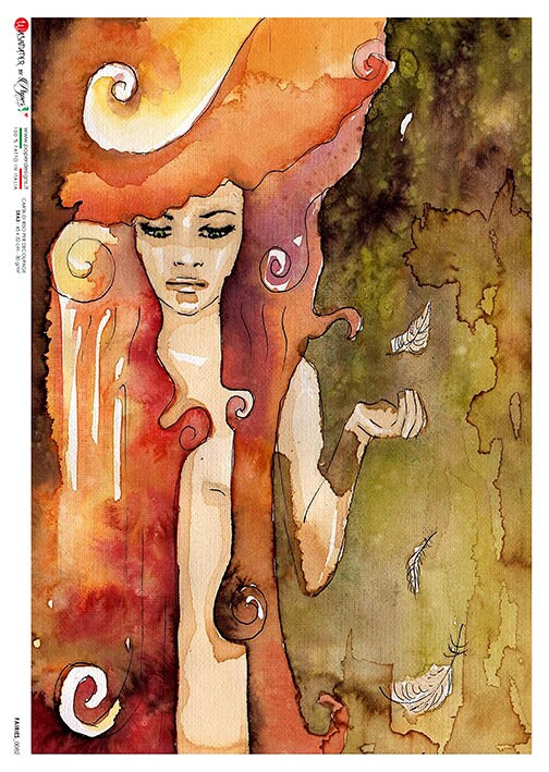 Artistic depiction of a woman with flowing hair and feathers in warm colors.