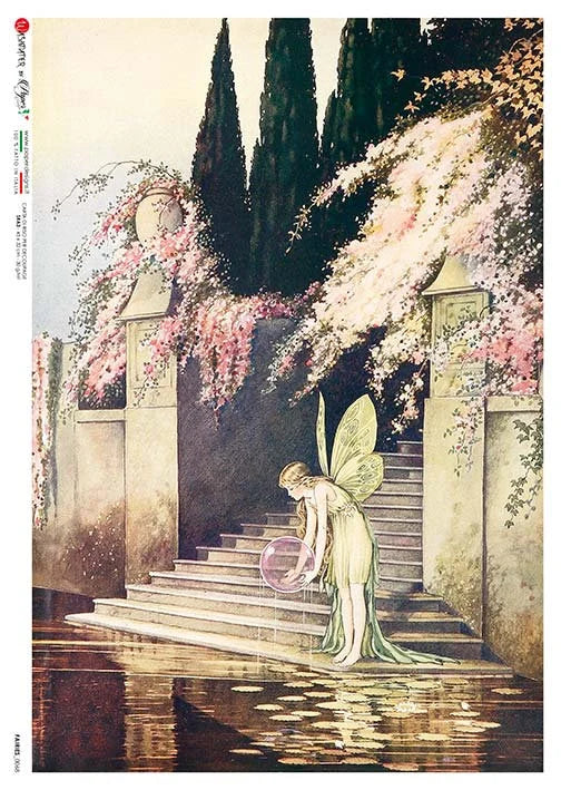 Illustration of a fairy by a pool with flowers and trees in the background