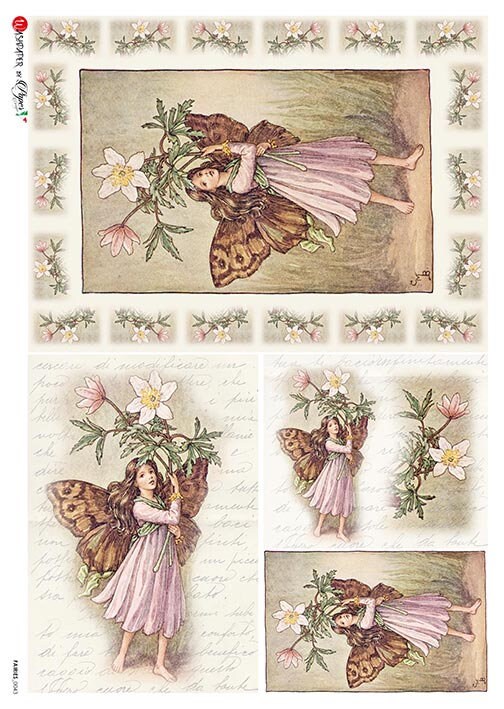 Set of illustrations of fairies with floral and butterfly elements on a decorative background.