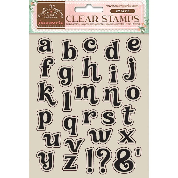 Clear stamps with black lettering on a beige background, featuring the word 'Stamperia'.