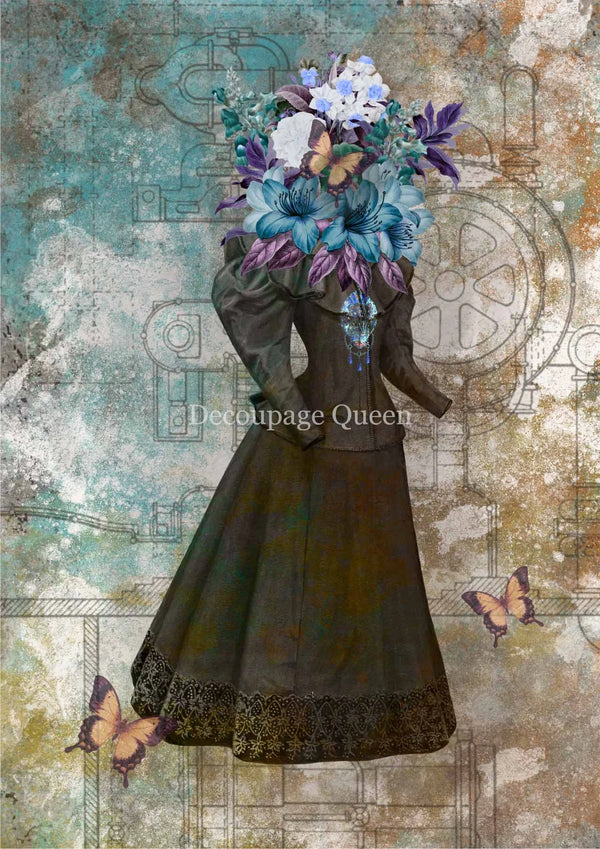 Artistic depiction of a woman in a vintage dress with flowers and butterflies on a textured background, featuring the Decoupage Queen brand.