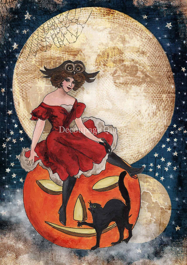 Woman in a red dress sitting on a pumpkin with a black cat, under a large moon.