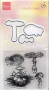 Set of mushroom-themed clear stamps on a Marianne Design packaging.