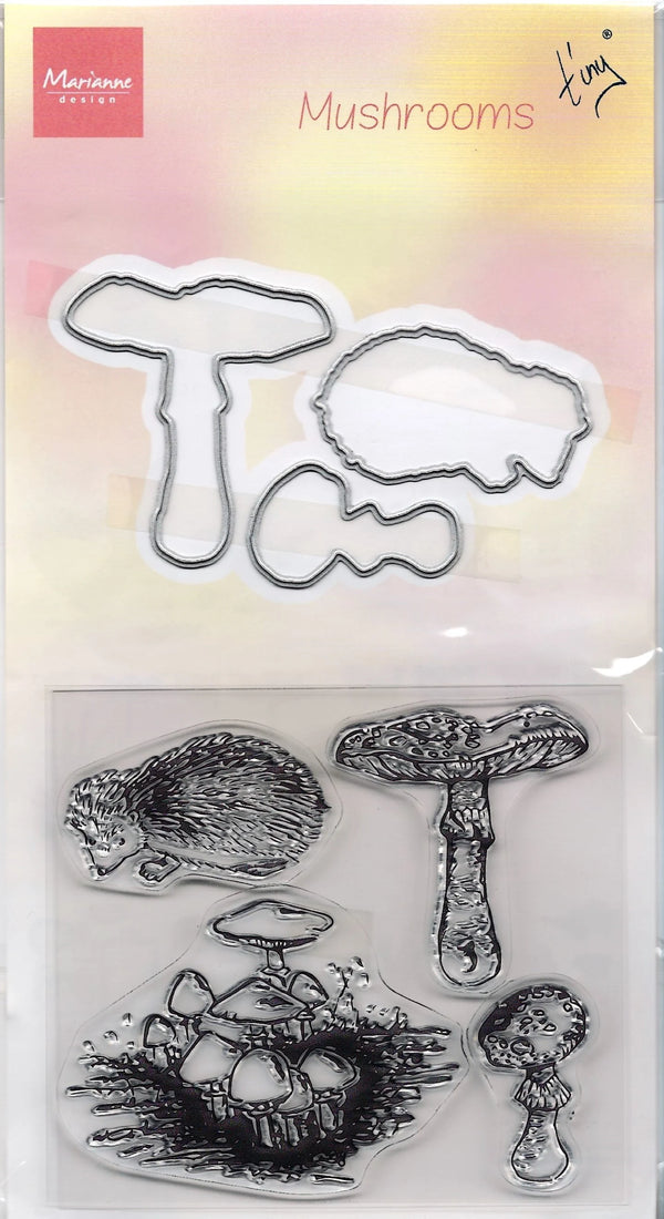 Set of mushroom-themed clear stamps on a Marianne Design packaging.