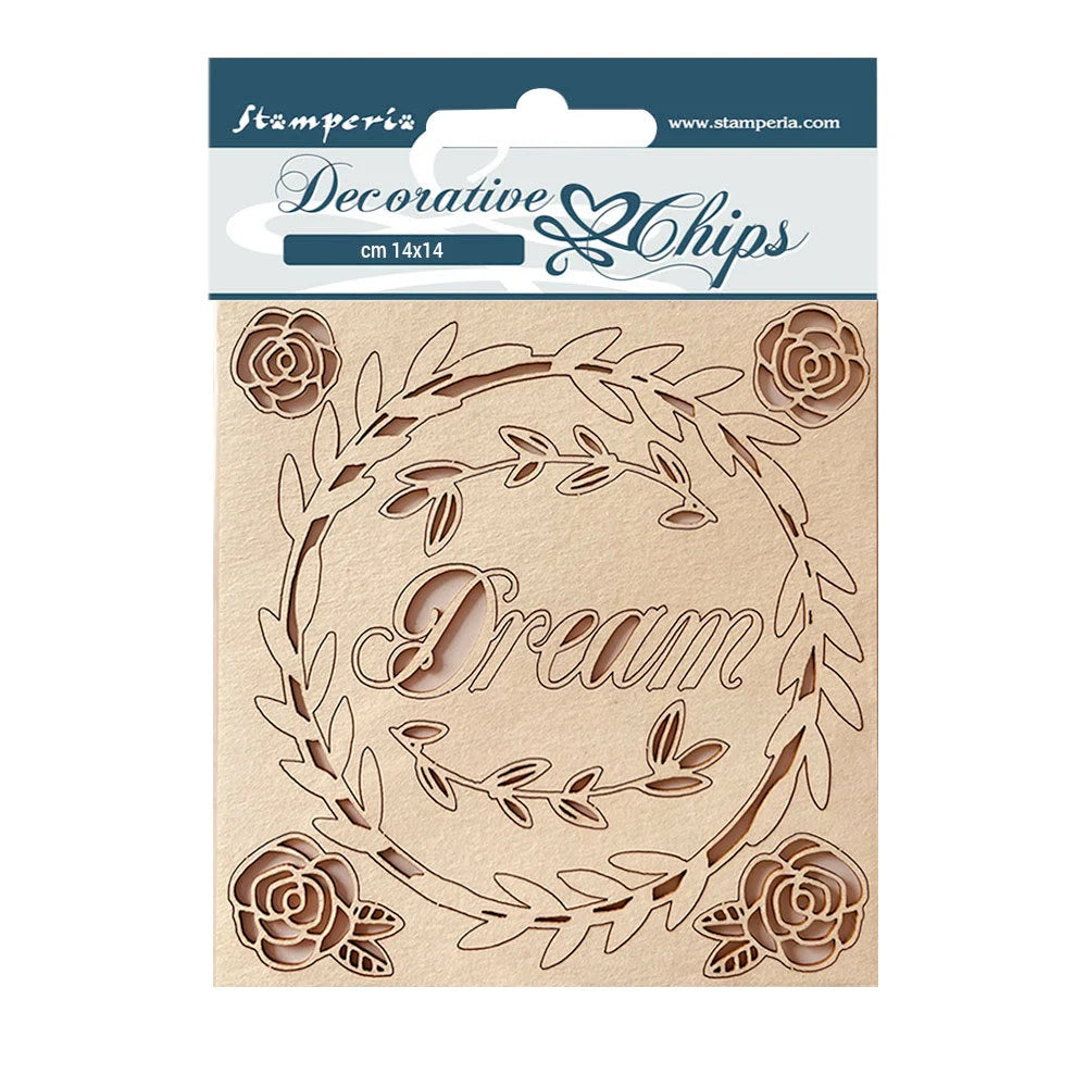 Decorative chip with floral design and 'Dream' text on a Stamperia packaging.