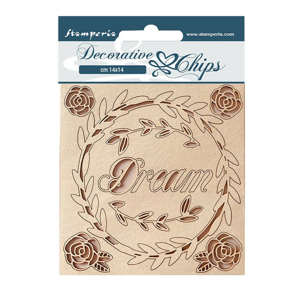 Decorative chip with floral design and 'Dream' text on a Stamperia packaging.