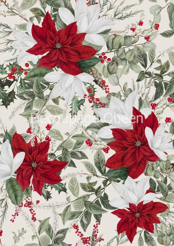 Decoupage Queen Forest Lore  CHRISTMAS FLORAL WHITE A4 Rice Paper DQRP_0354