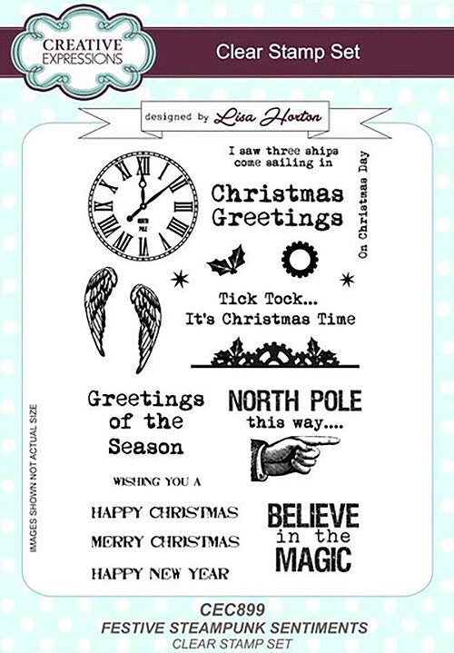 Creative Expressions FESTIVE STEAMPUNK SENTIMENTS Clear A5 Stamp Set 19 pieces #CEC899