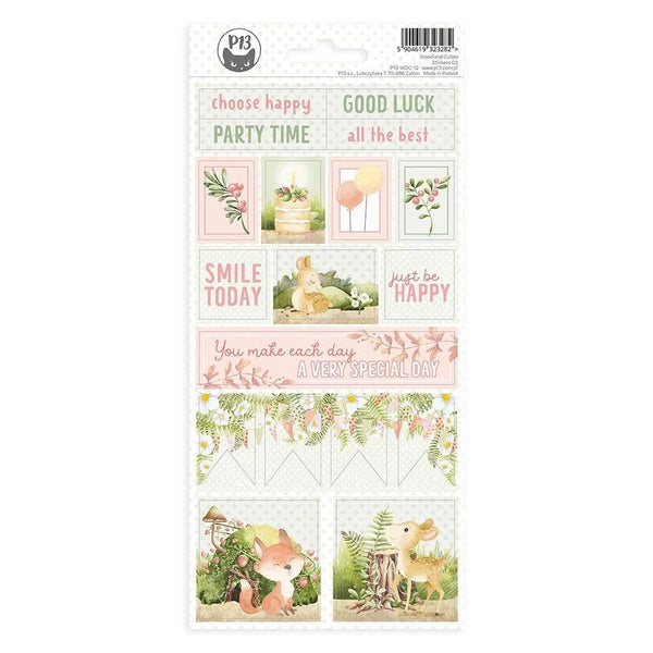 Sheet of decorative stickers with cute illustrations and text on a white background