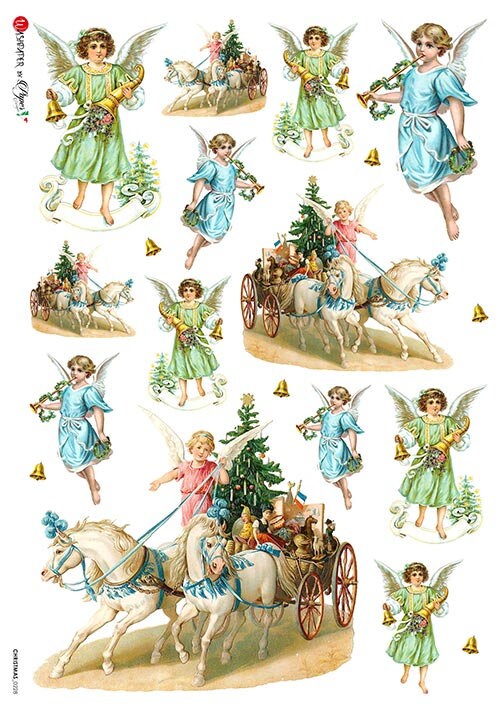 Collection of vintage-style Christmas angel illustrations with horses and carriages on a white background.