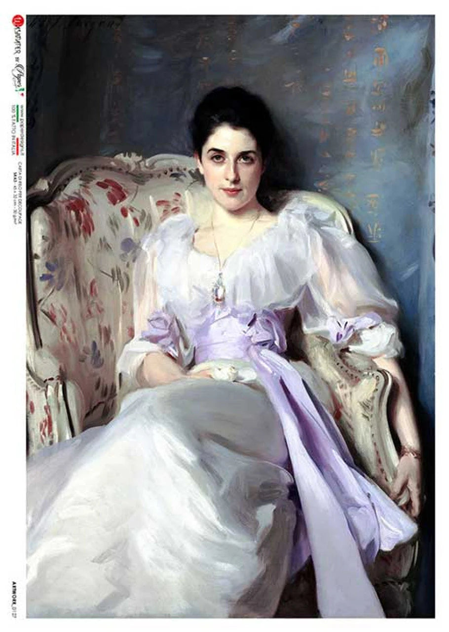 Portrait of a woman in a white and purple dress sitting in an ornate chair.