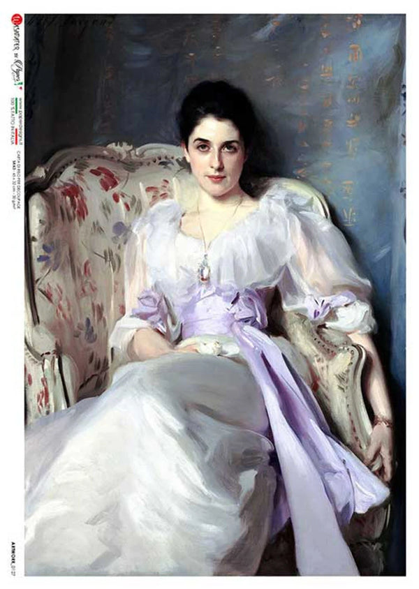 Portrait of a woman in a white and purple dress sitting in an ornate chair.