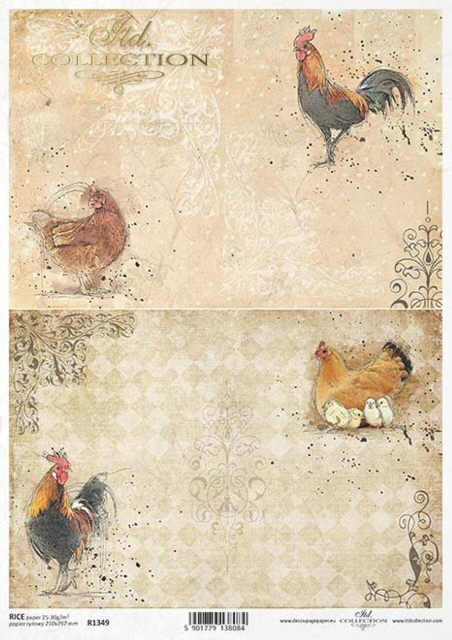 Sheet of decorative paper with rooster illustrations on a textured beige background
