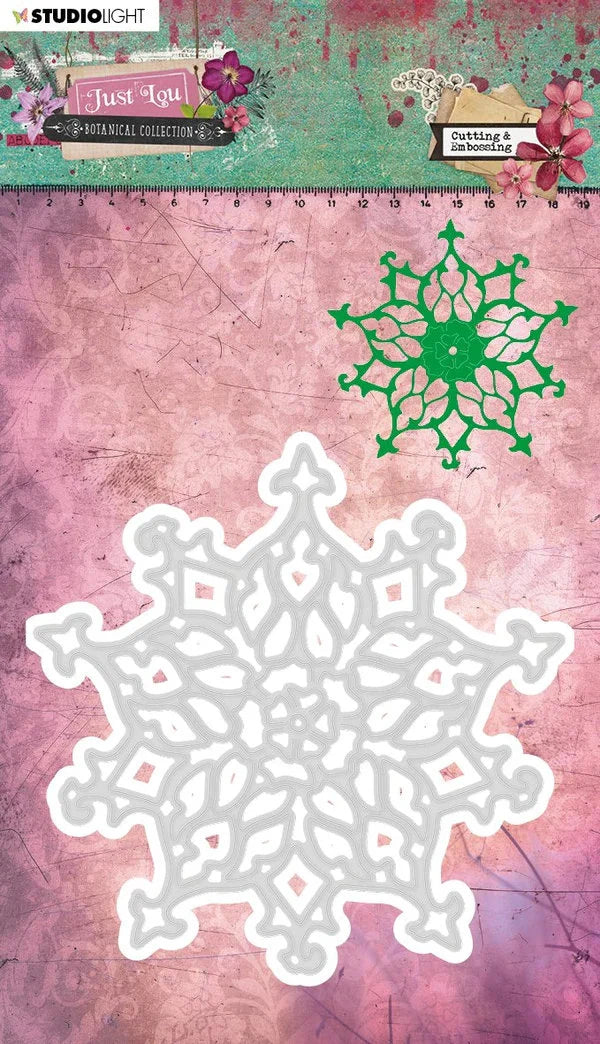 Decorative snowflake DIE on a textured pink background with Studio Light branding.
