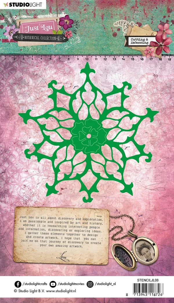 Green floral DIE CUT OUT on a pink and green patterned background with text and decorative elements.