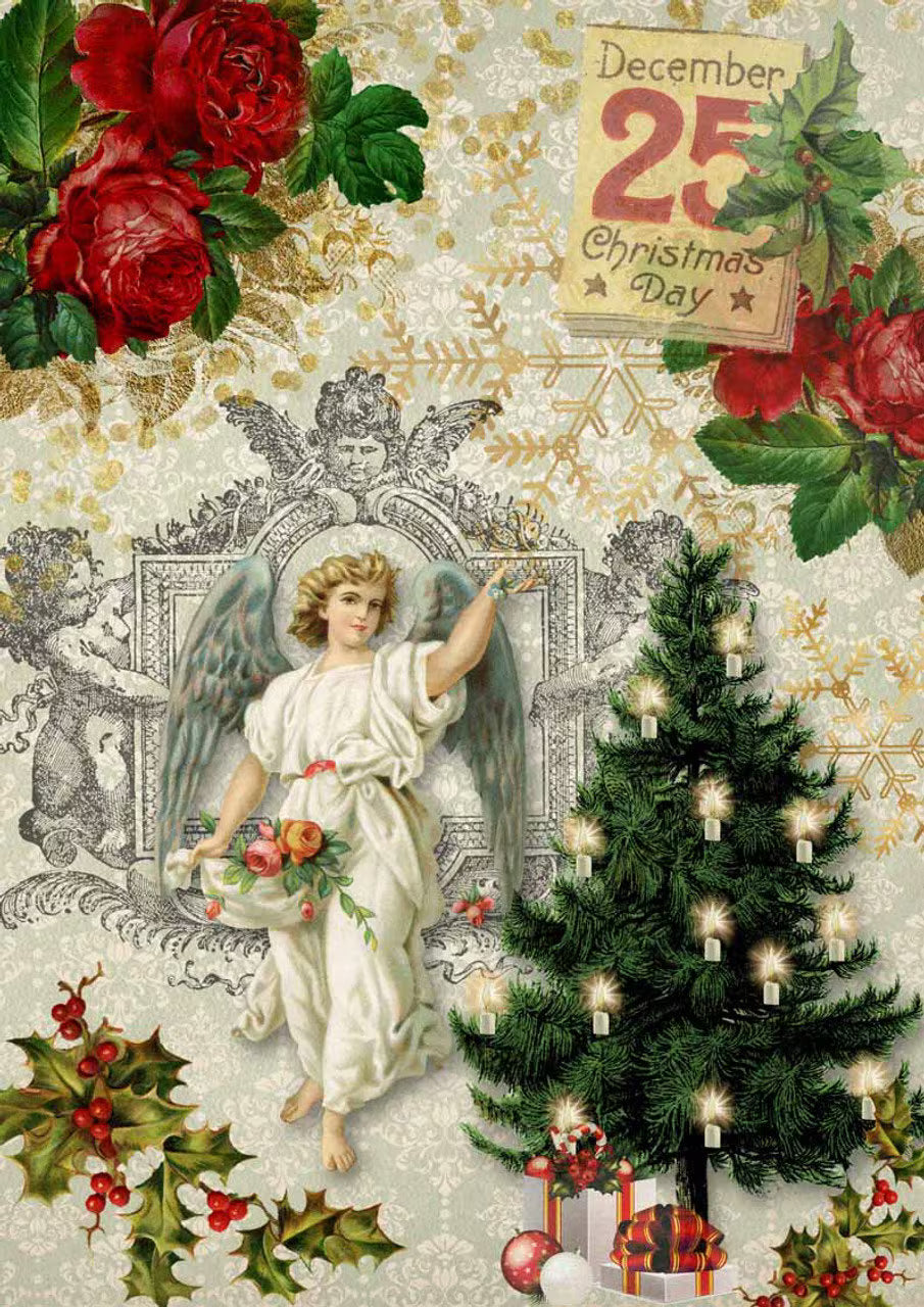 Decoupage Queen CHRISTMAS ANGEL With TREE A4 Rice Paper #DQRP0060 (Retired)