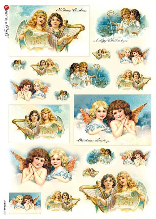 Collage of vintage-style Christmas angels with musical instruments and 'Merry Christmas' text.