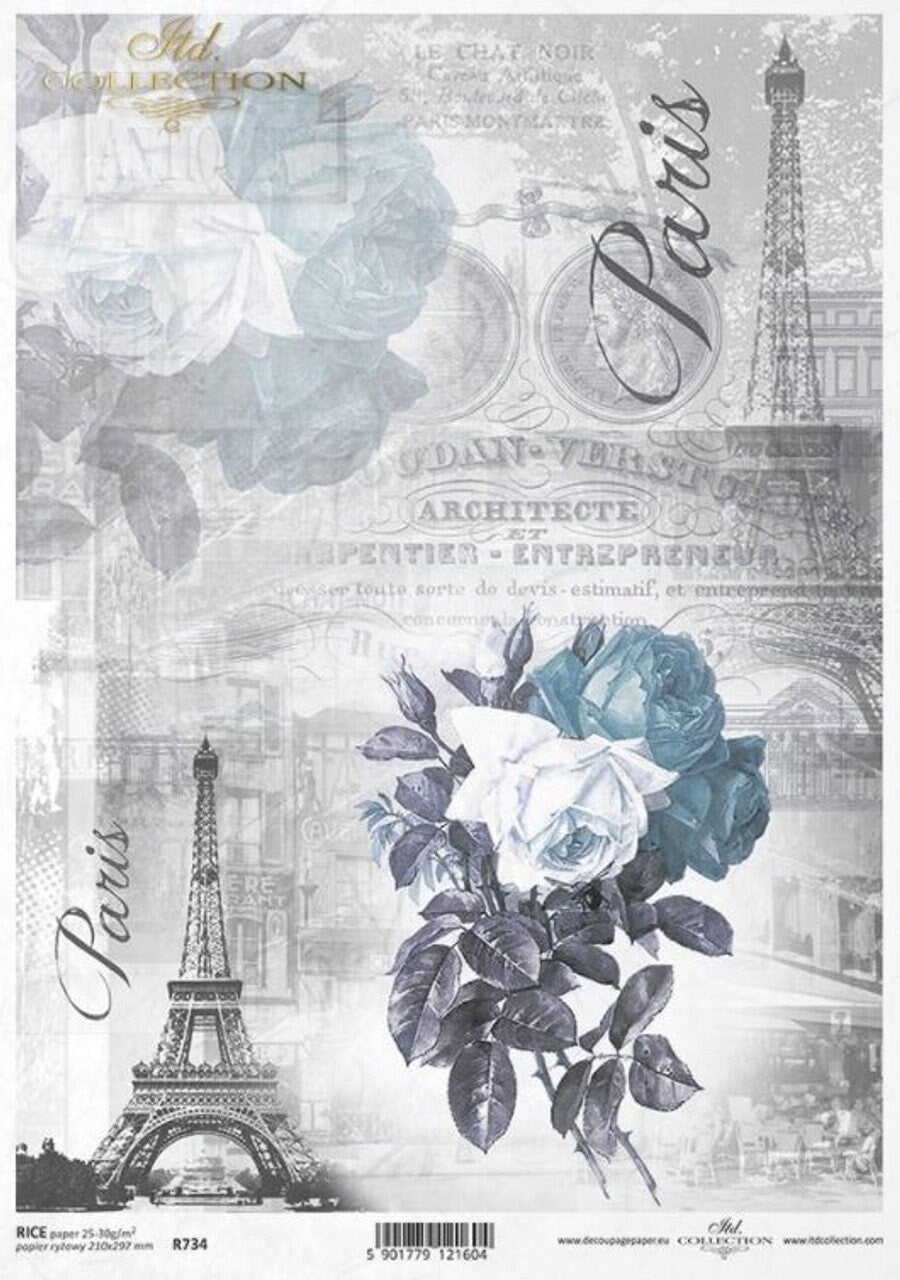 Decorative paper with Eiffel Tower and floral design, featuring the word 'Paris'.