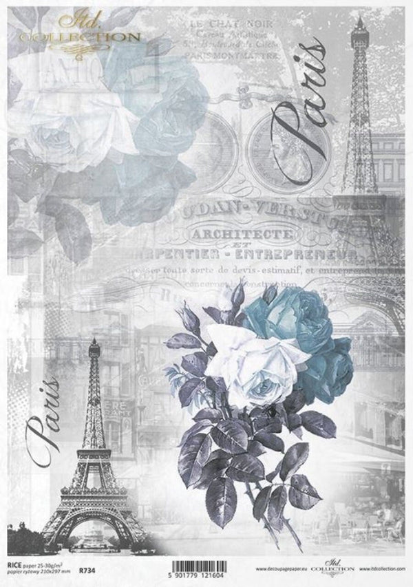 Decorative paper with Eiffel Tower and floral design, featuring the word 'Paris'.