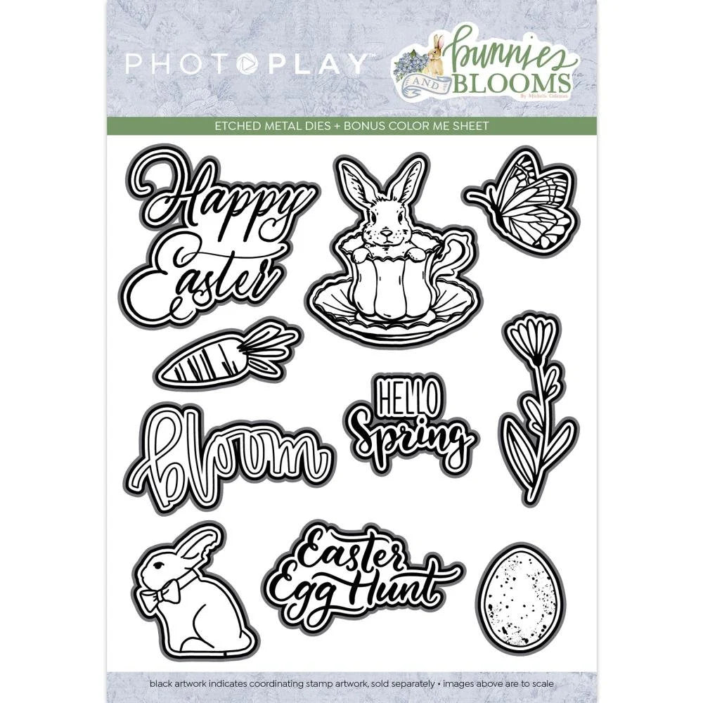 Set of black Easter-themed metal dies with text and illustrations on a white background.