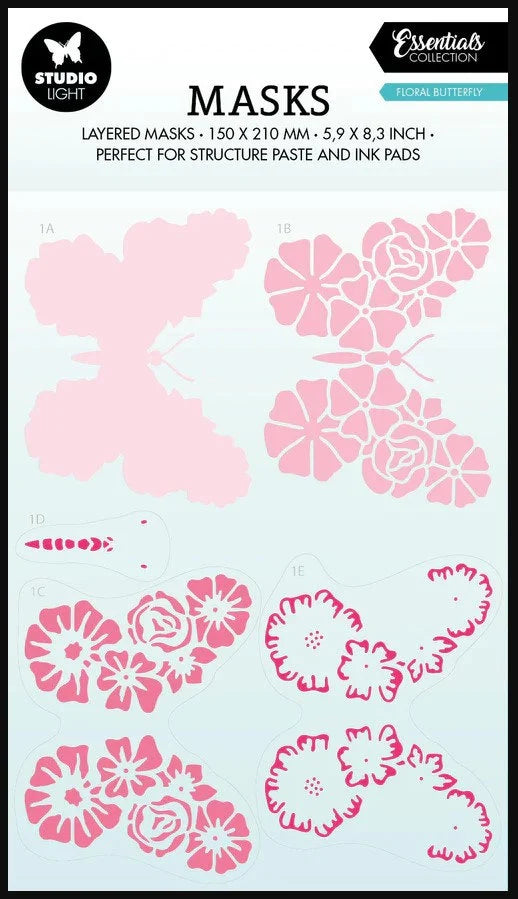 Pink butterfly and floral masks on a white background with text indicating product details.