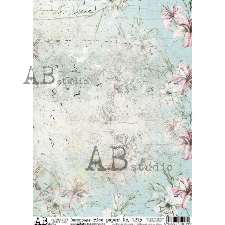 AB Studios AQUA DISTRESSED Floral A4 Decoupage Rice Paper #1215
