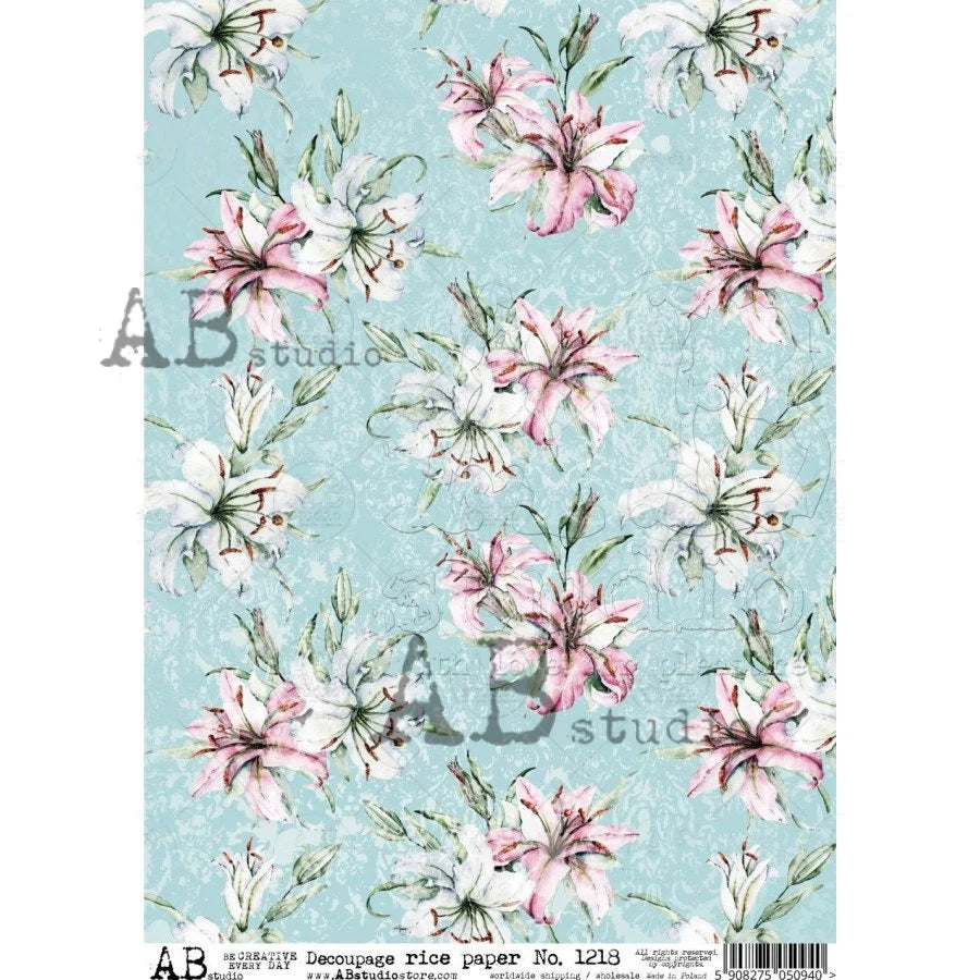 AB Studios AQUA and PINK Floral A4 Decoupage Rice Paper #1218