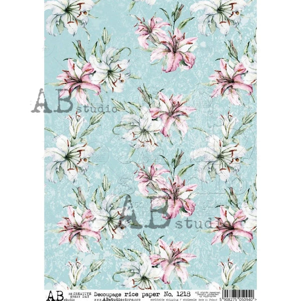 AB Studios AQUA and PINK Floral A4 Decoupage Rice Paper #1218