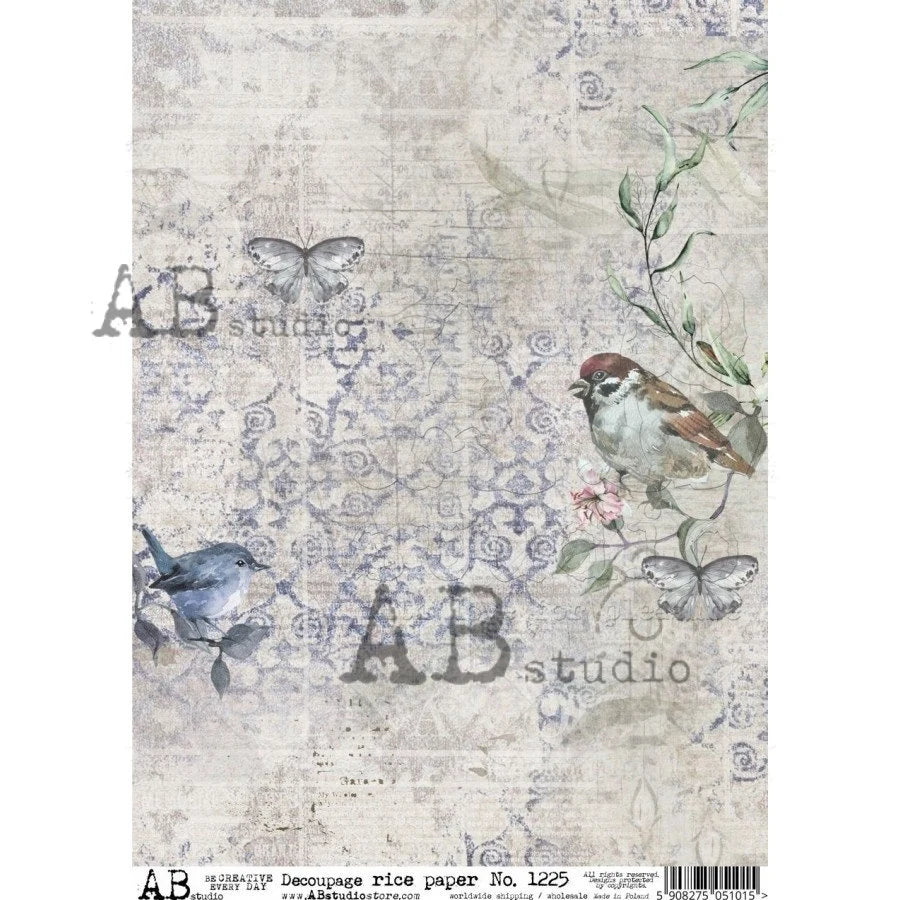 AB Studios BIRDS and BUTTERFLY Grunge A4 Decoupage Rice Paper #1225