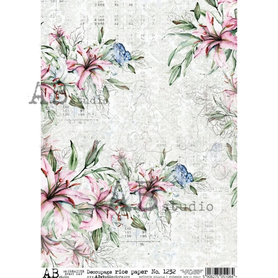 AB Studios PINK LILIES A4 Decoupage Rice Paper #1232