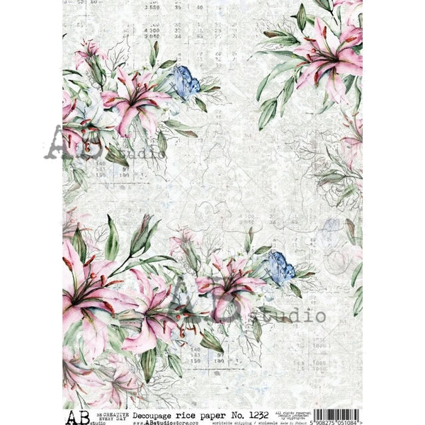 AB Studios PINK LILIES A4 Decoupage Rice Paper #1232
