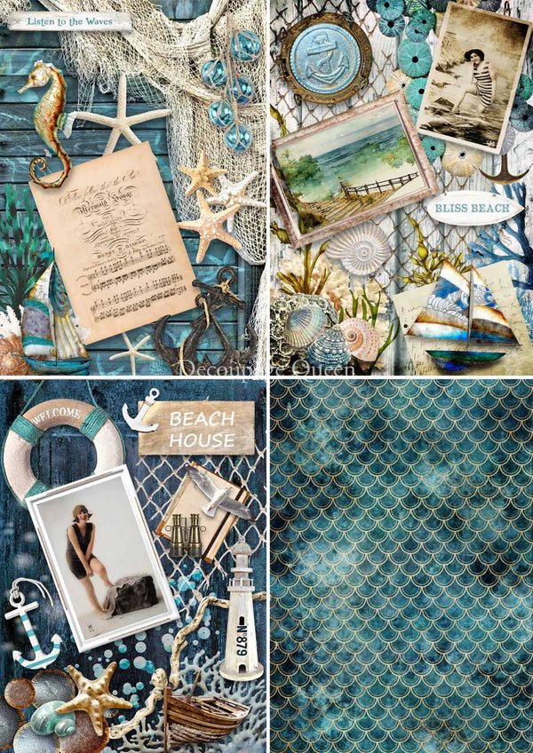 Decoupage Queen COASTAL 4 PACK A4 Rice Paper dqrp0403  (Retired 2.25)