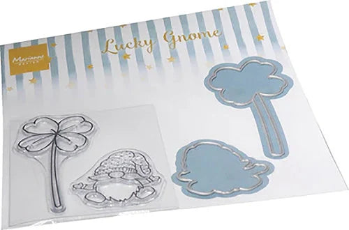 Metallic die-cut shapes with 'Lucky Gnome' text on a striped background