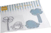 Metallic die-cut shapes with 'Lucky Gnome' text on a striped background