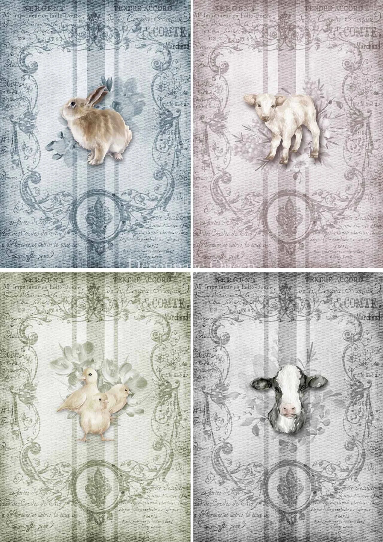 Decoupage Queen SPRING ANIMALS 4 PACK A4 Rice Paper dqrp0427  (Retired 2.25)