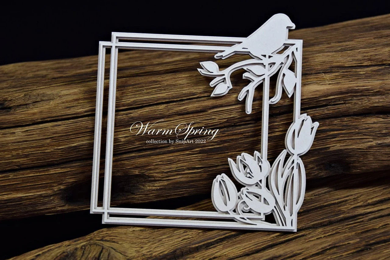 Snipart Warm Spring SQUARE FRAME with BIRD Chipboard #24218