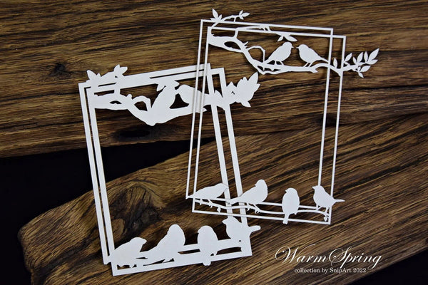 Snipart Warm Spring RECTANGLE FRAME with BIRDS Chipboard #24220