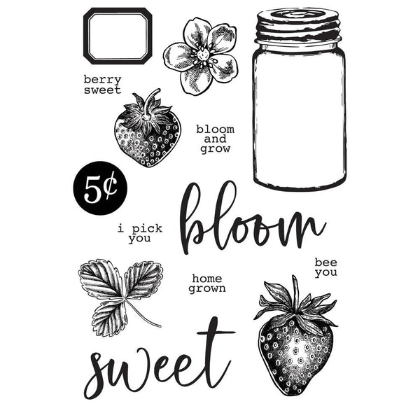 Set of black and white illustrations including strawberries, a jar, and text on a white background