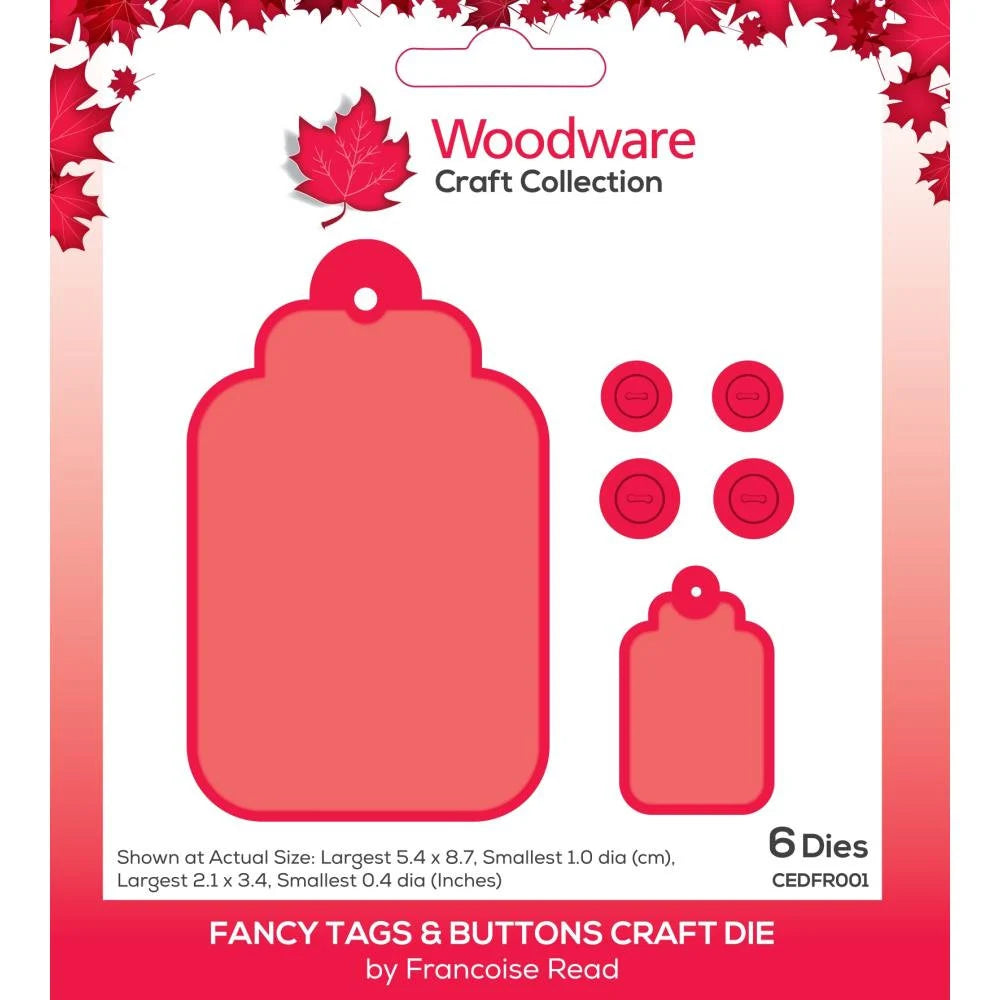 Woodware Craft Collection die set packaging with red tags and buttons on a white background