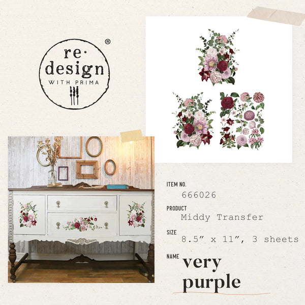 re-design Prima VERY PURPLE 8.5 x 11 Decor Transfers 3 sheets #666026