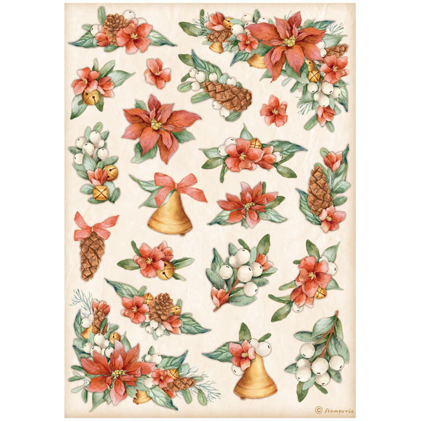 Stamperia All Around Christmas POINSETTIA & BELLS Decoupage Rice Paper A4 #DFSA4806