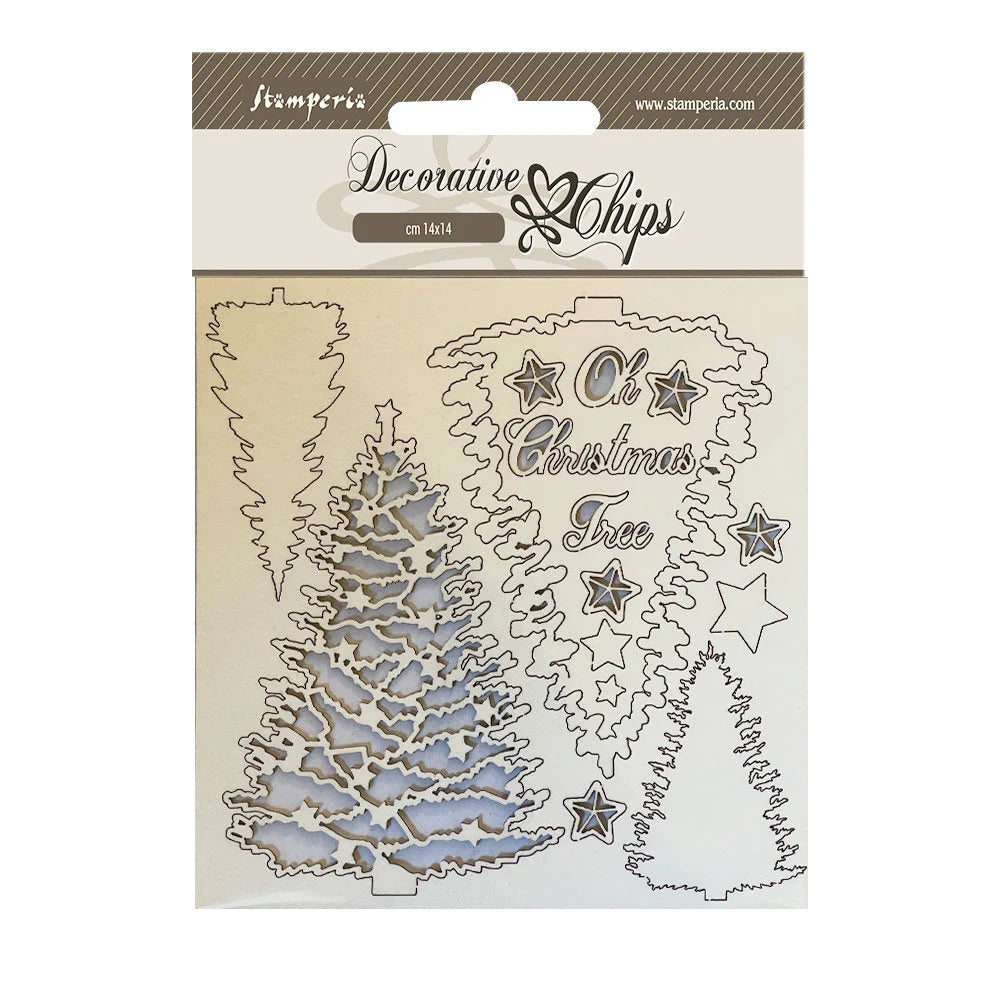 Decorative chips with Christmas tree and star designs on a Stamperia packaging.