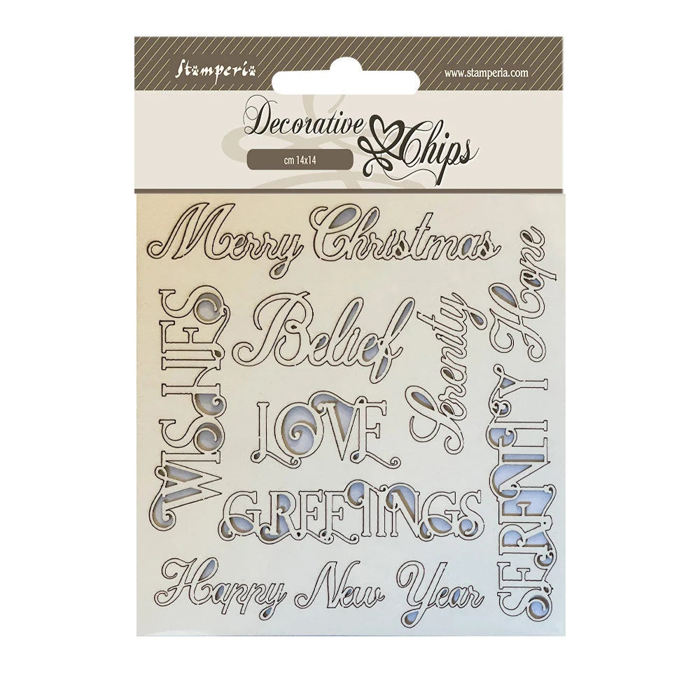 Decorative chips with Christmas-themed words on a white background