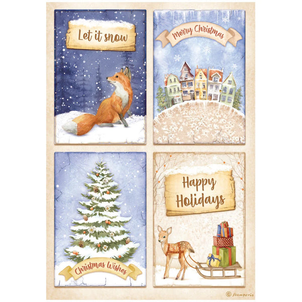 Stamperia WINTER VALLEY 4 CARDS Fox Decoupage Rice Paper A4 #DFSA4802