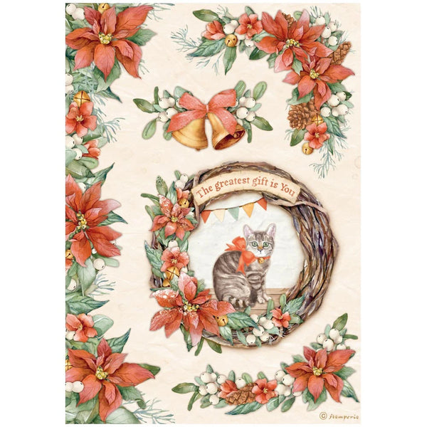 Stamperia ALL AROUND Christmas Garland with CAT Decoupage Rice Paper A4 #DFSA4803